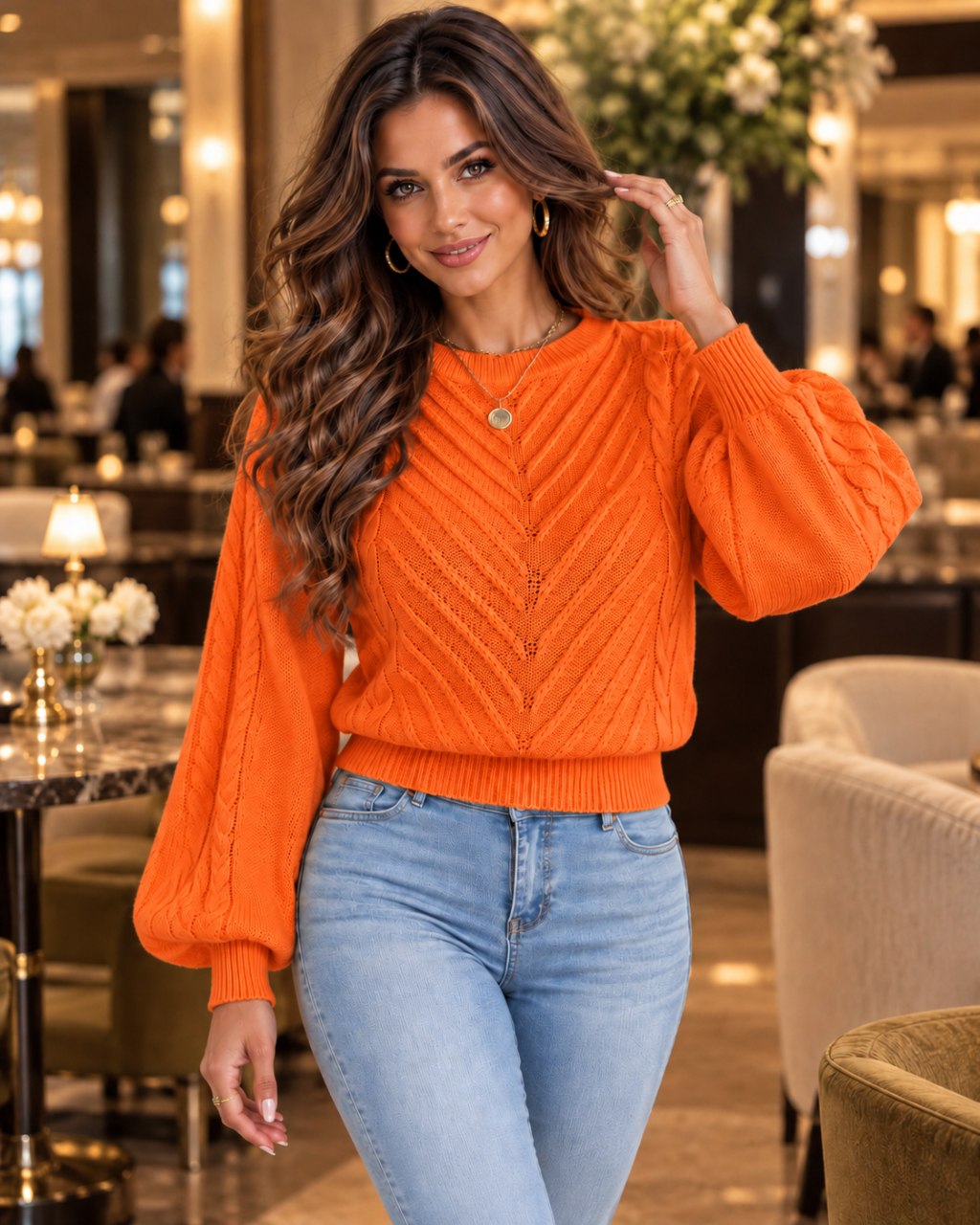 Marielle Knit Sweater in Orange – Evening lifestyle | SKU: MKS-581436920715384-ORANGE-XS,MKS-581436920715384-ORANGE-S,MKS-581436920715384-ORANGE-M,MKS-581436920715384-ORANGE-L,MKS-581436920715384-ORANGE-XL