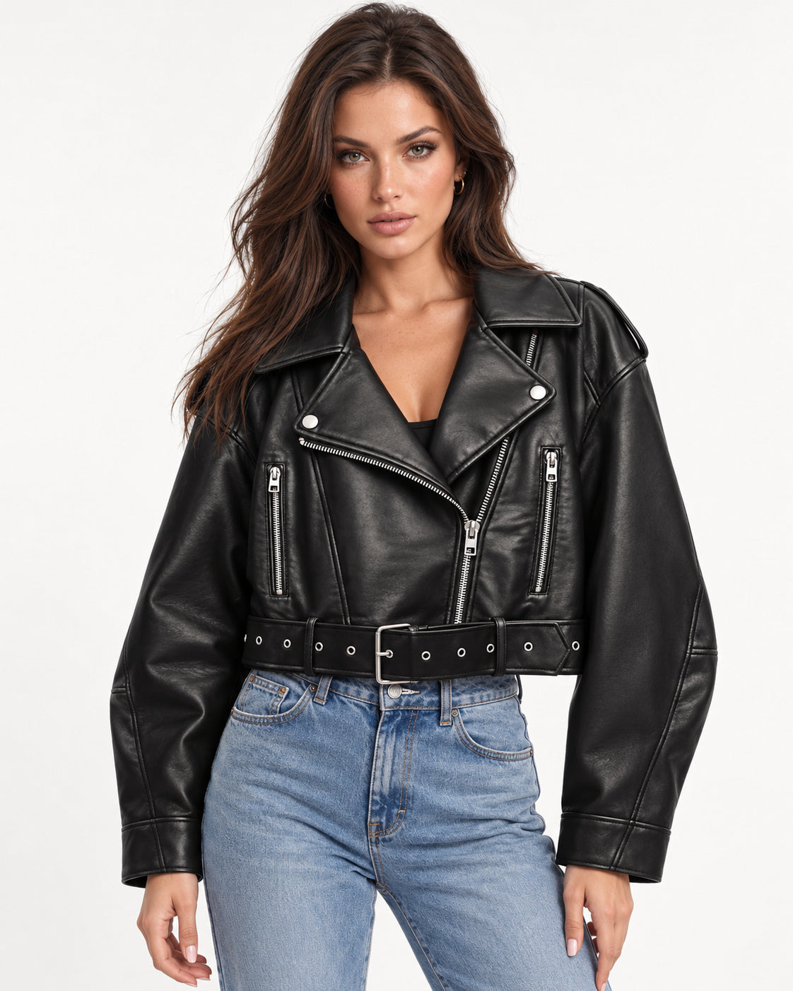 Veda Cropped Biker Jacket in Black — front view