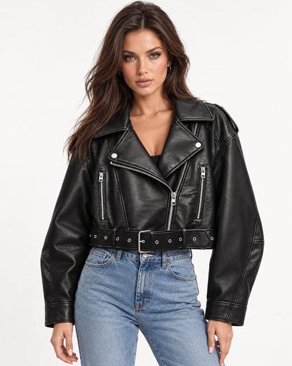 Veda Cropped Biker Jacket in Black — front view
