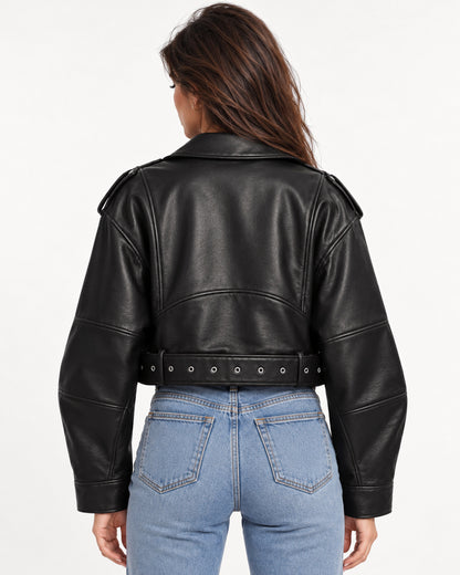 Veda Cropped Biker Jacket in Black — back view | SKU: SOR-VEDA-BLK-XS,SOR-VEDA-BLK-S,SOR-VEDA-BLK-M,SOR-VEDA-BLK-L,SOR-VEDA-BLK-XL