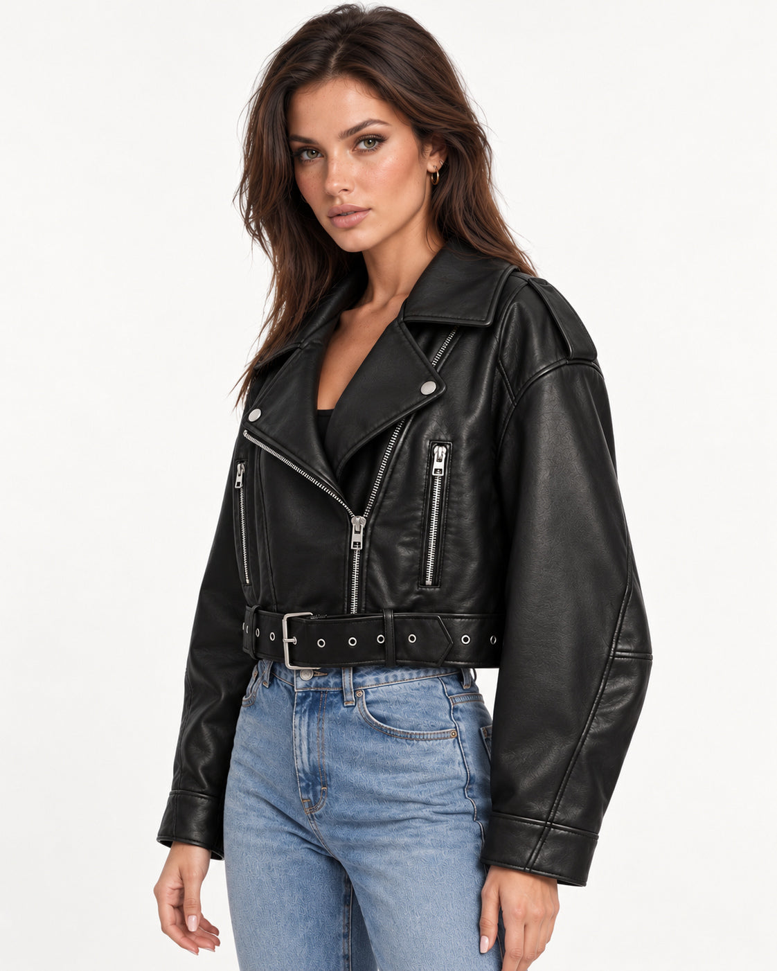 Veda Cropped Biker Jacket in Black — left profile | SKU: SOR-VEDA-BLK-XS,SOR-VEDA-BLK-S,SOR-VEDA-BLK-M,SOR-VEDA-BLK-L,SOR-VEDA-BLK-XL