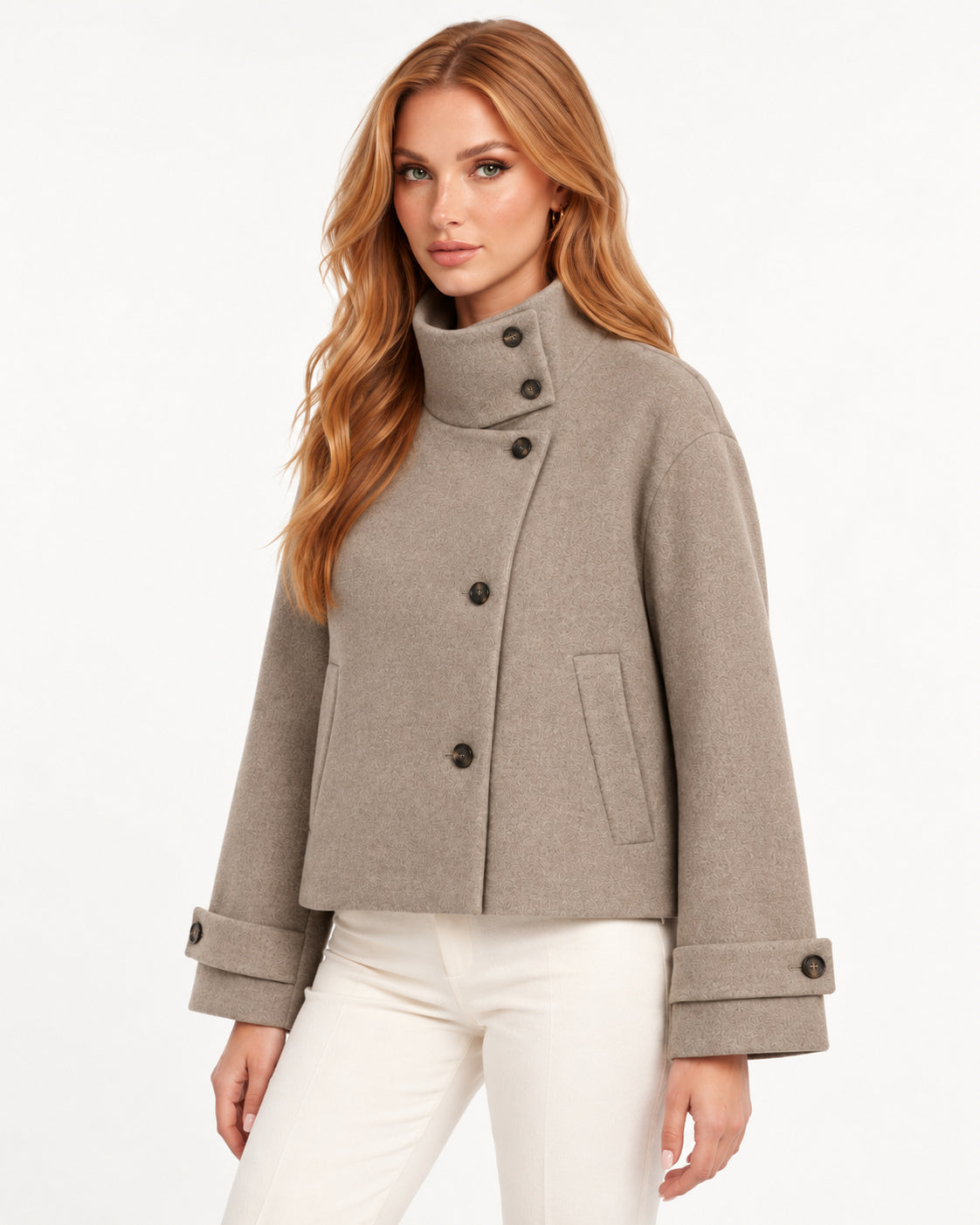 Valerienne Jacket in Light Khaki — profile left | SKU: SOR-VAL-COAT-LKH-XS,SOR-VAL-COAT-LKH-S,SOR-VAL-COAT-LKH-M,SOR-VAL-COAT-LKH-L,SOR-VAL-COAT-LKH-XL