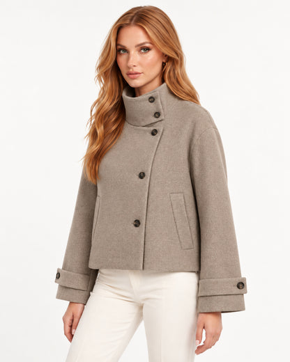 Valerienne Jacket in Light Khaki — profile left | SKU: SOR-VAL-COAT-LKH-XS,SOR-VAL-COAT-LKH-S,SOR-VAL-COAT-LKH-M,SOR-VAL-COAT-LKH-L,SOR-VAL-COAT-LKH-XL