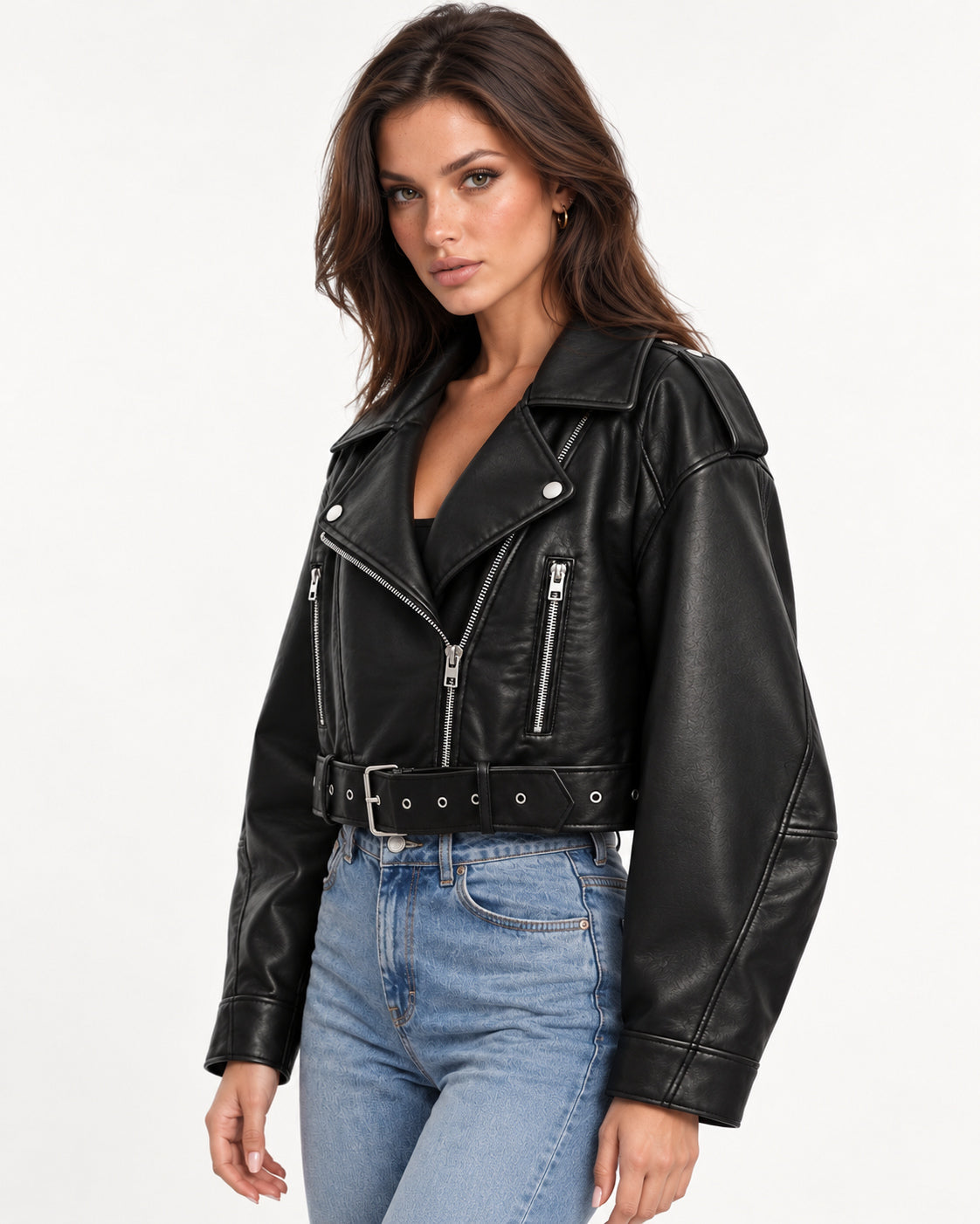 Veda Cropped Biker Jacket in Black — right profile | SKU: SOR-VEDA-BLK-XS,SOR-VEDA-BLK-S,SOR-VEDA-BLK-M,SOR-VEDA-BLK-L,SOR-VEDA-BLK-XL