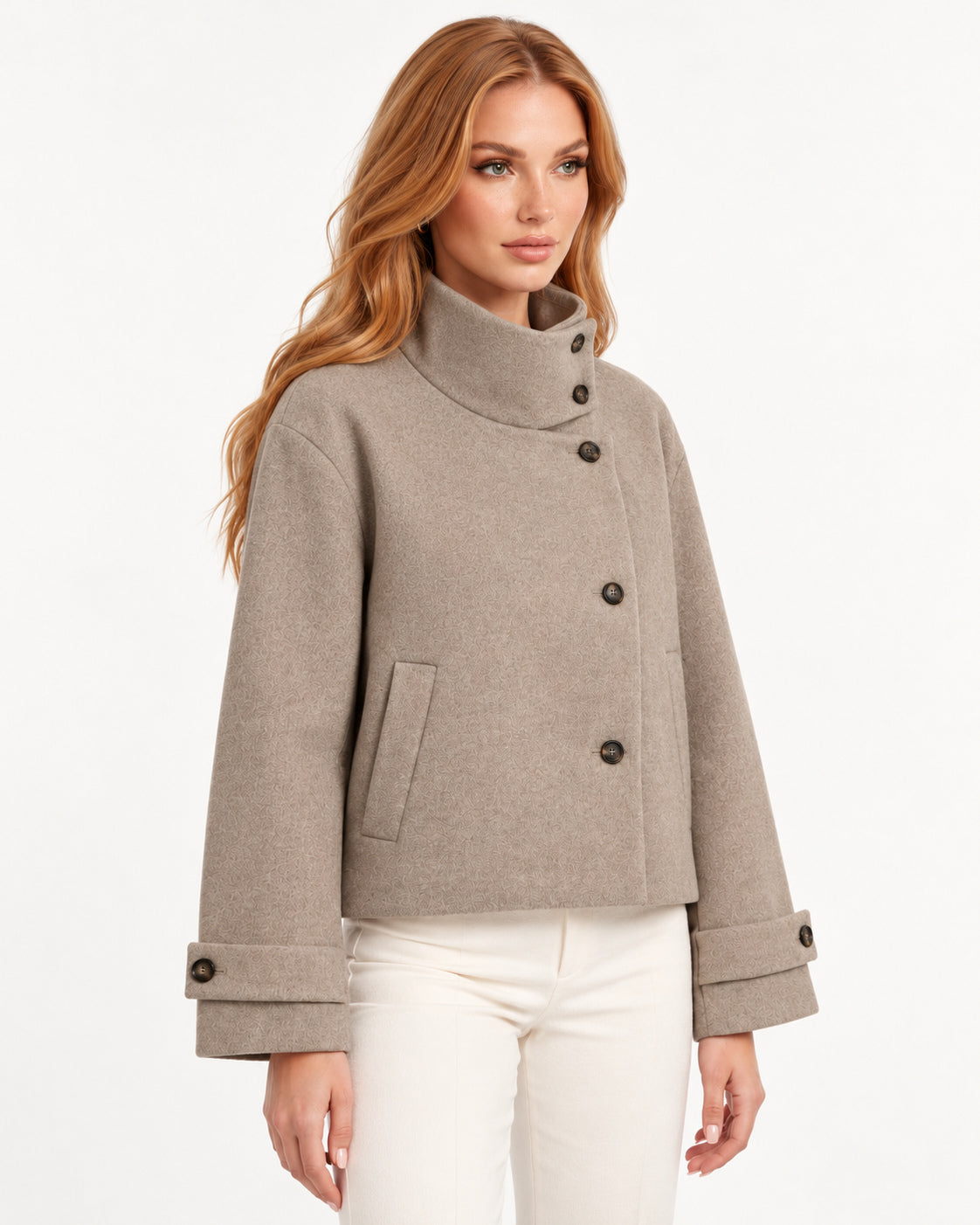 Valerienne Jacket in Light Khaki — profile right | SKU: SOR-VAL-COAT-LKH-XS,SOR-VAL-COAT-LKH-S,SOR-VAL-COAT-LKH-M,SOR-VAL-COAT-LKH-L,SOR-VAL-COAT-LKH-XL