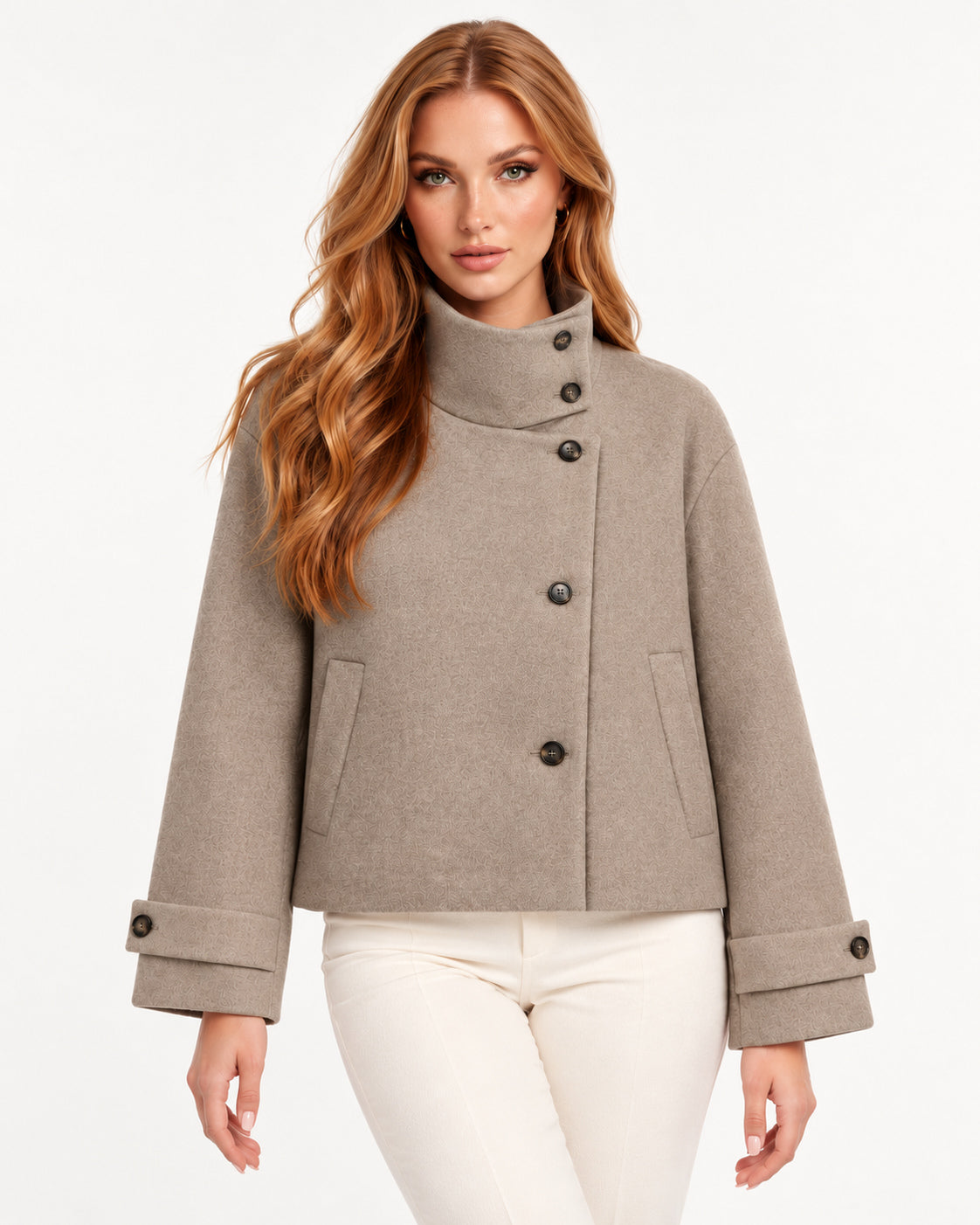 Valerienne Jacket in Light Khaki — editorial view | SKU: SOR-VAL-COAT-LKH-XS,SOR-VAL-COAT-LKH-S,SOR-VAL-COAT-LKH-M,SOR-VAL-COAT-LKH-L,SOR-VAL-COAT-LKH-XL