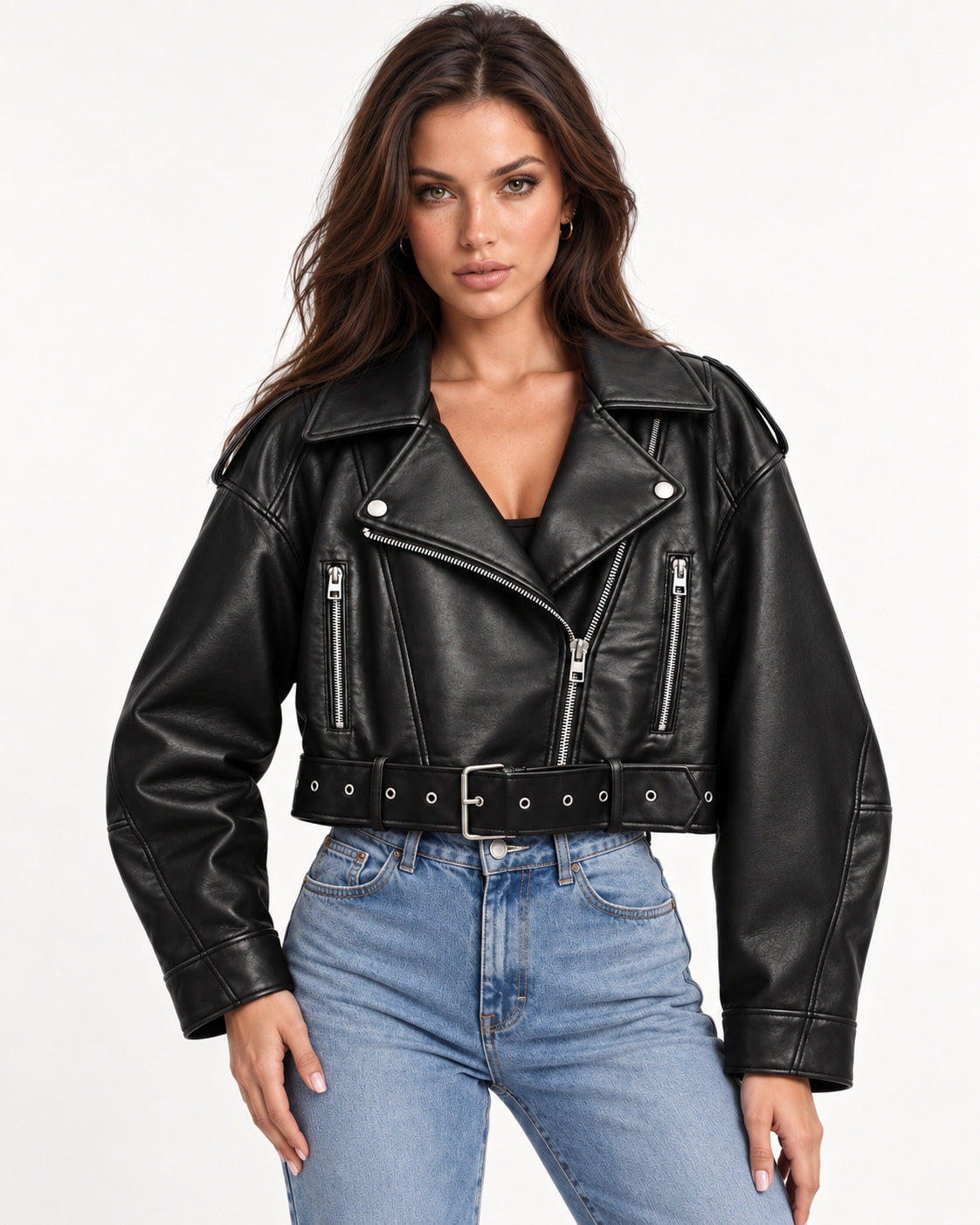 Veda Cropped Biker Jacket in Black — editorial pose | SKU: SOR-VEDA-BLK-XS,SOR-VEDA-BLK-S,SOR-VEDA-BLK-M,SOR-VEDA-BLK-L,SOR-VEDA-BLK-XL
