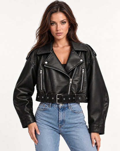 Veda Cropped Biker Jacket in Black — editorial pose | SKU: SOR-VEDA-BLK-XS,SOR-VEDA-BLK-S,SOR-VEDA-BLK-M,SOR-VEDA-BLK-L,SOR-VEDA-BLK-XL