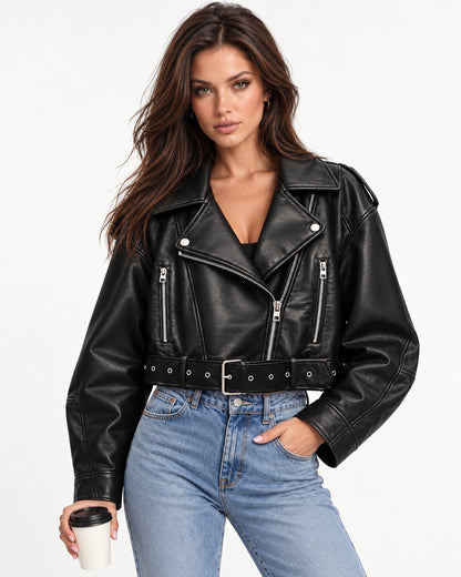 Veda Cropped Biker Jacket in Black — coffee lifestyle | SKU: SOR-VEDA-BLK-XS,SOR-VEDA-BLK-S,SOR-VEDA-BLK-M,SOR-VEDA-BLK-L,SOR-VEDA-BLK-XL