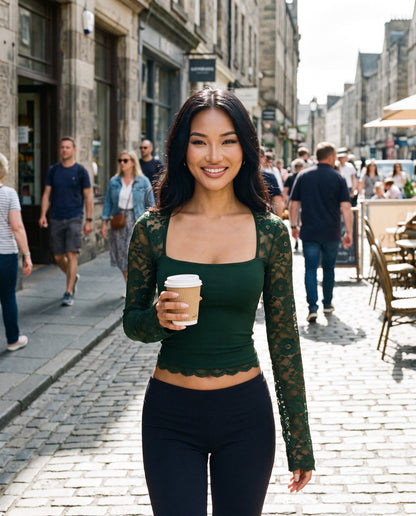 Amara Lace Top in Green – lifestyle | SKU: SOR-AMARA-GRN-XS,SOR-AMARA-GRN-S,SOR-AMARA-GRN-M,SOR-AMARA-GRN-L,SOR-AMARA-GRN-XL