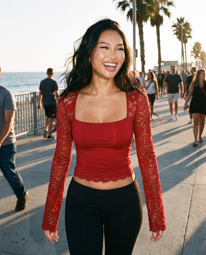 Amara Lace Top in Red – lifestyle | SKU: SOR-AMARA-RED-XS,SOR-AMARA-RED-S,SOR-AMARA-RED-M,SOR-AMARA-RED-L,SOR-AMARA-RED-XL