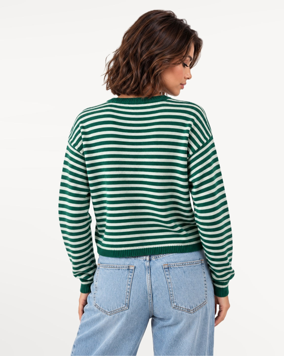 Almondine Stripe Cardigan in Dark Green – back view | SKU: SOR-ALM-DARKGREEN-XS,SOR-ALM-DARKGREEN-S,SOR-ALM-DARKGREEN-M,SOR-ALM-DARKGREEN-L,SOR-ALM-DARKGREEN-XL