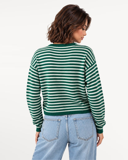 Almondine Stripe Cardigan in Dark Green – back view | SKU: SOR-ALM-DARKGREEN-XS,SOR-ALM-DARKGREEN-S,SOR-ALM-DARKGREEN-M,SOR-ALM-DARKGREEN-L,SOR-ALM-DARKGREEN-XL