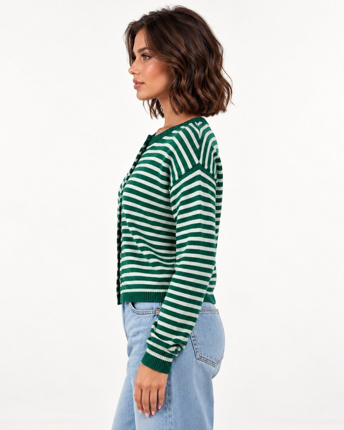 Almondine Stripe Cardigan in Dark Green – left side view | SKU: SOR-ALM-DARKGREEN-XS,SOR-ALM-DARKGREEN-S,SOR-ALM-DARKGREEN-M,SOR-ALM-DARKGREEN-L,SOR-ALM-DARKGREEN-XL