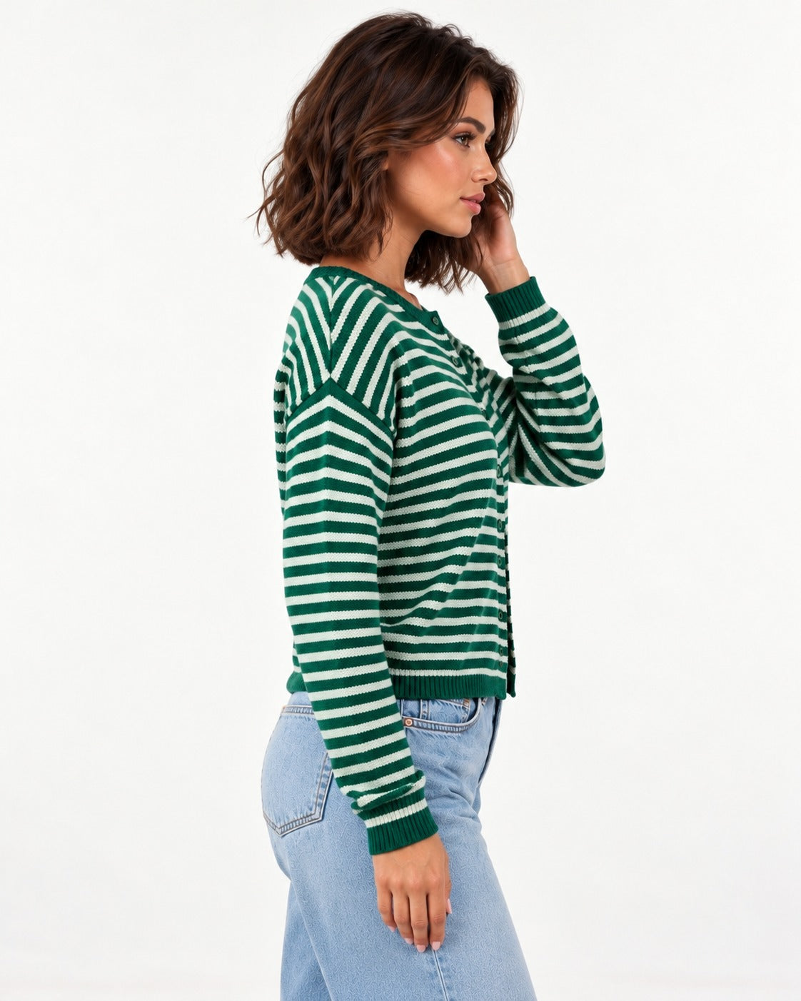 Almondine Stripe Cardigan in Dark Green – right side view | SKU: SOR-ALM-DARKGREEN-XS,SOR-ALM-DARKGREEN-S,SOR-ALM-DARKGREEN-M,SOR-ALM-DARKGREEN-L,SOR-ALM-DARKGREEN-XL