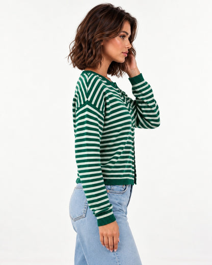 Almondine Stripe Cardigan in Dark Green – right side view | SKU: SOR-ALM-DARKGREEN-XS,SOR-ALM-DARKGREEN-S,SOR-ALM-DARKGREEN-M,SOR-ALM-DARKGREEN-L,SOR-ALM-DARKGREEN-XL