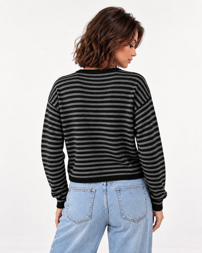 Almondine Stripe Cardigan in Black – back view | SKU: SOR-ALM-BLACK-XS,SOR-ALM-BLACK-S,SOR-ALM-BLACK-M,SOR-ALM-BLACK-L,SOR-ALM-BLACK-XL