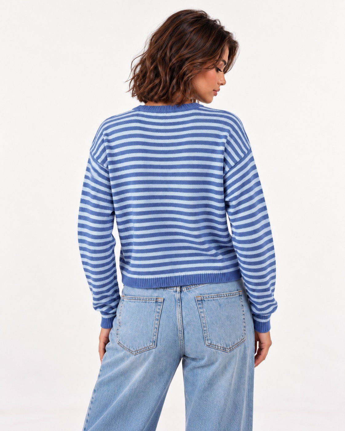 Almondine Stripe Cardigan in Blue – back view | SKU: SOR-ALM-BLUE-XS,SOR-ALM-BLUE-S,SOR-ALM-BLUE-M,SOR-ALM-BLUE-L,SOR-ALM-BLUE-XL