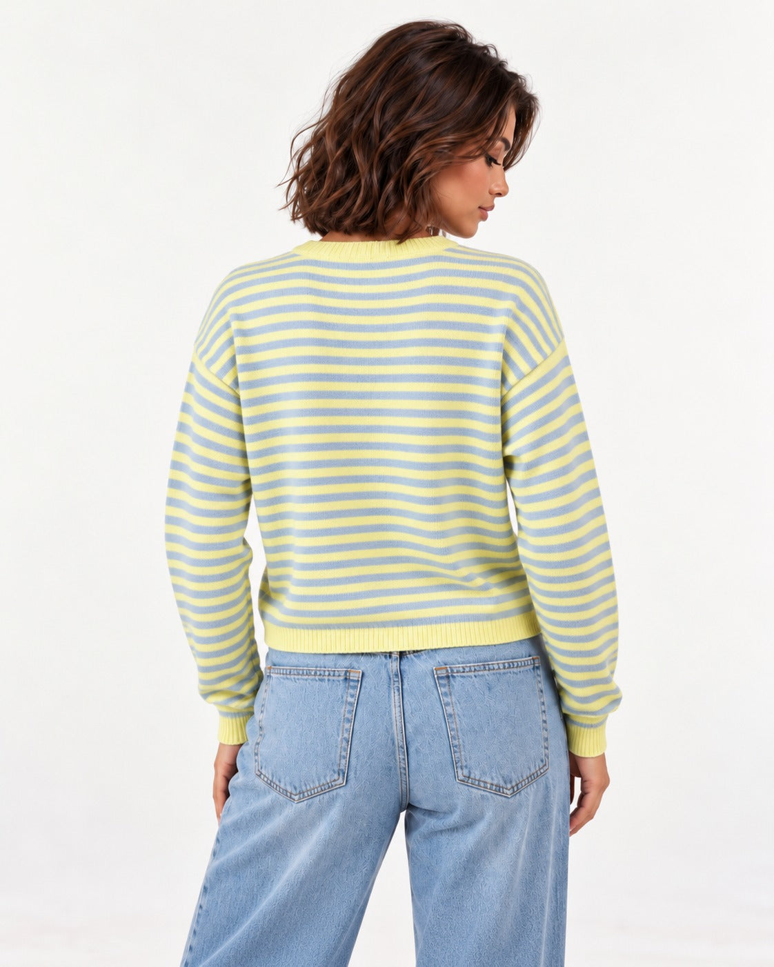 Almondine Stripe Cardigan in Multi – back view | SKU: SOR-ALM-MULTI-XS,SOR-ALM-MULTI-S,SOR-ALM-MULTI-M,SOR-ALM-MULTI-L,SOR-ALM-MULTI-XL