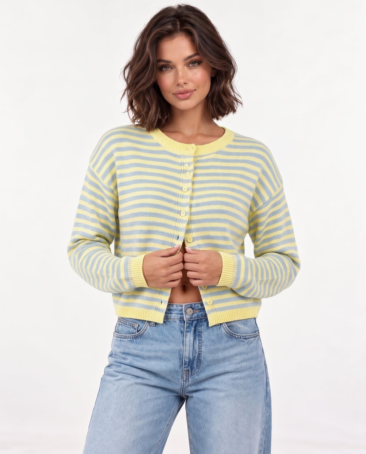 Almondine Stripe Cardigan in Multi – hands on hips | SKU: SOR-ALM-MULTI-XS,SOR-ALM-MULTI-S,SOR-ALM-MULTI-M,SOR-ALM-MULTI-L,SOR-ALM-MULTI-XL
