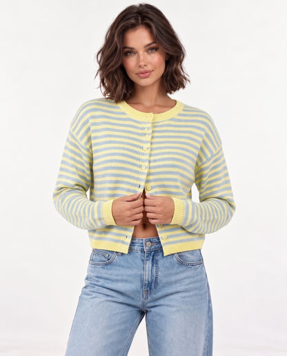 Almondine Stripe Cardigan in Multi – hands on hips | SKU: SOR-ALM-MULTI-XS,SOR-ALM-MULTI-S,SOR-ALM-MULTI-M,SOR-ALM-MULTI-L,SOR-ALM-MULTI-XL