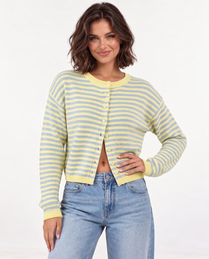 Almondine Stripe Cardigan in Multi – over the shoulder | SKU: SOR-ALM-MULTI-XS,SOR-ALM-MULTI-S,SOR-ALM-MULTI-M,SOR-ALM-MULTI-L,SOR-ALM-MULTI-XL