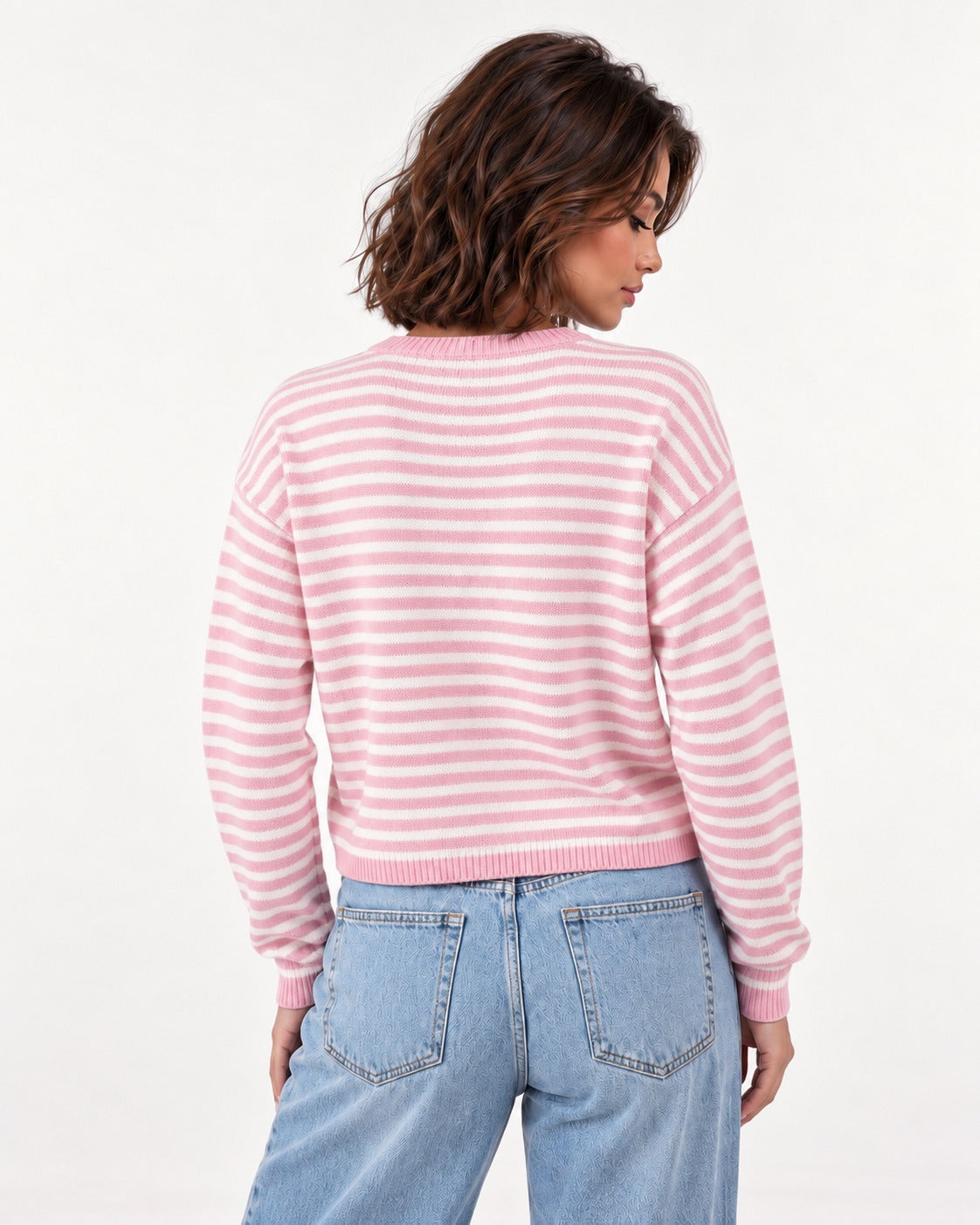 Almondine Stripe Cardigan in Pink – back view | SKU: SOR-ALM-PINK-XS,SOR-ALM-PINK-S,SOR-ALM-PINK-M,SOR-ALM-PINK-L,SOR-ALM-PINK-XL