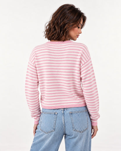 Almondine Stripe Cardigan in Pink – back view | SKU: SOR-ALM-PINK-XS,SOR-ALM-PINK-S,SOR-ALM-PINK-M,SOR-ALM-PINK-L,SOR-ALM-PINK-XL