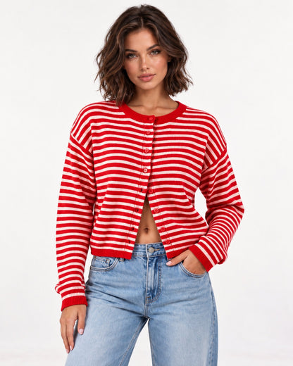 Almondine Stripe Cardigan in Red – front view