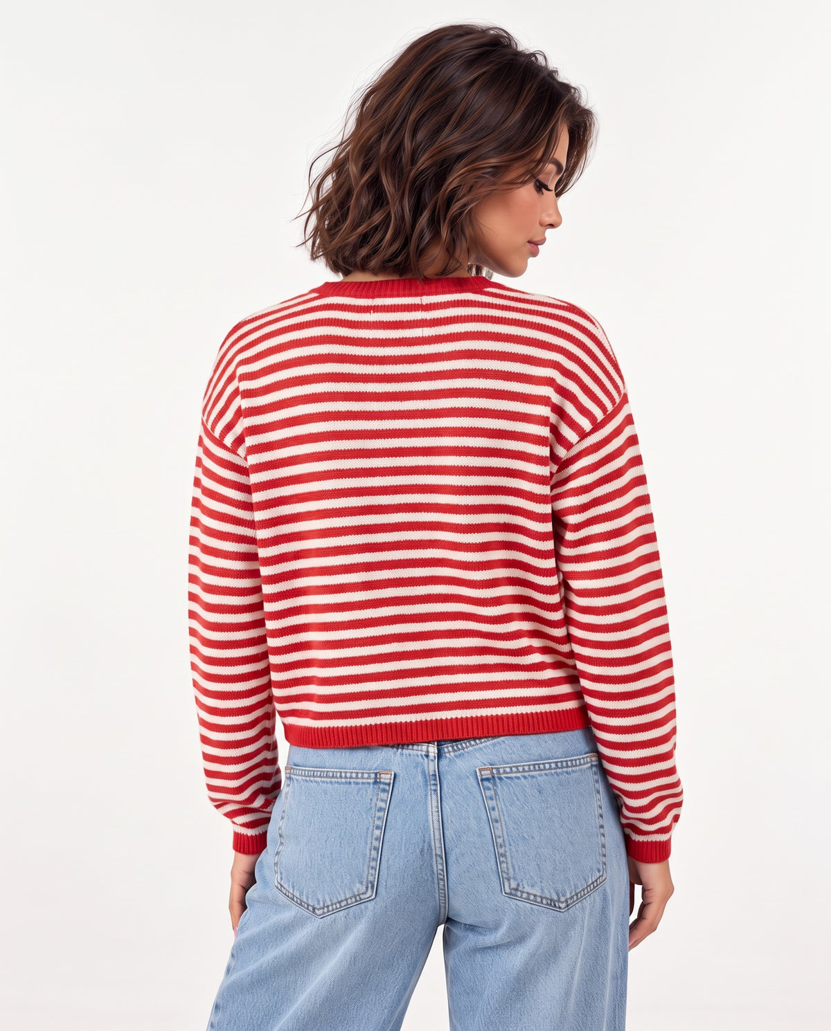 Almondine Stripe Cardigan in Red – back view | SKU: SOR-ALM-RED-XS,SOR-ALM-RED-S,SOR-ALM-RED-M,SOR-ALM-RED-L,SOR-ALM-RED-XL