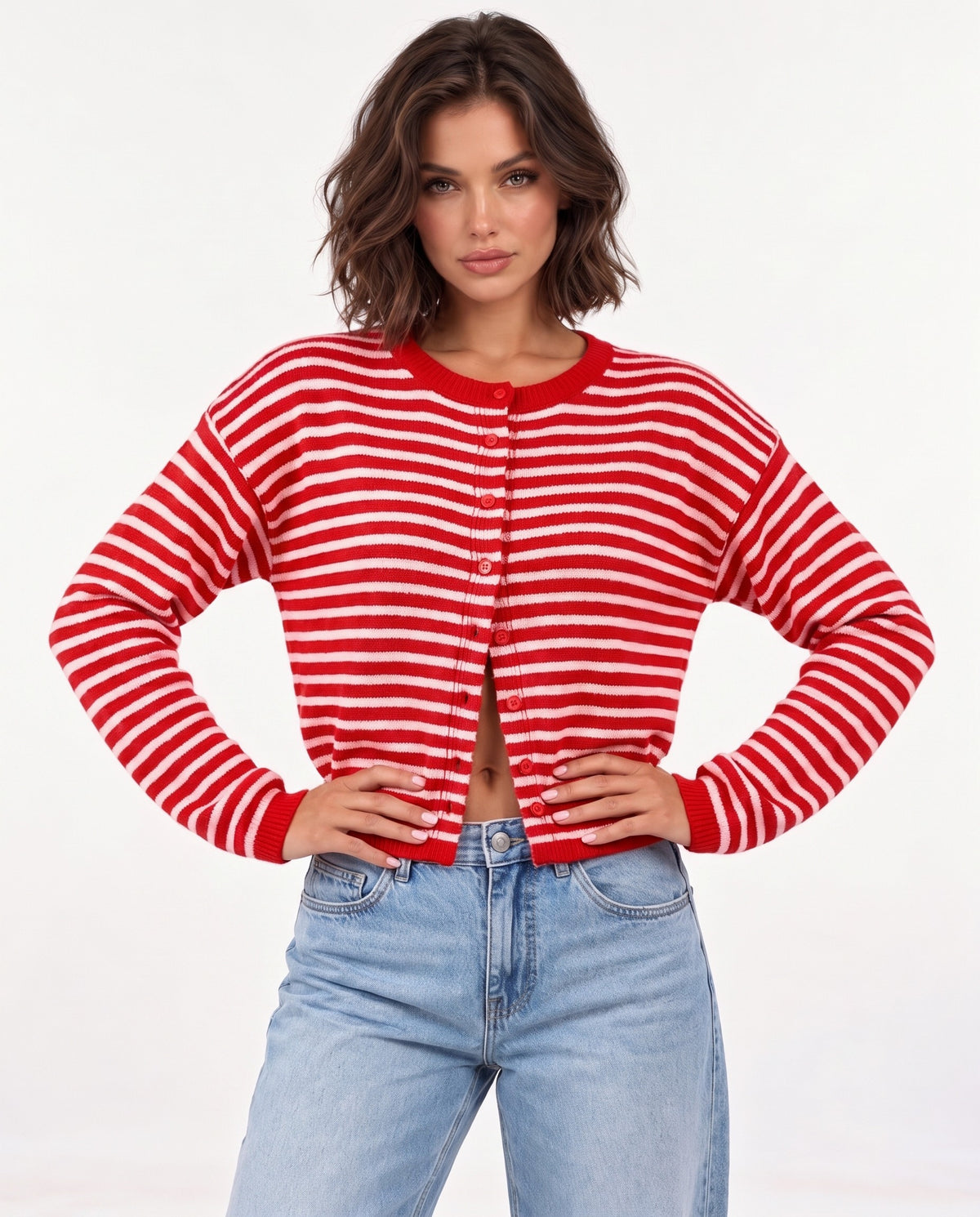 Almondine Stripe Cardigan in Red – laughing | SKU: SOR-ALM-RED-XS,SOR-ALM-RED-S,SOR-ALM-RED-M,SOR-ALM-RED-L,SOR-ALM-RED-XL