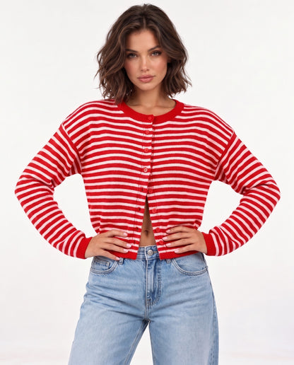 Almondine Stripe Cardigan in Red – laughing | SKU: SOR-ALM-RED-XS,SOR-ALM-RED-S,SOR-ALM-RED-M,SOR-ALM-RED-L,SOR-ALM-RED-XL