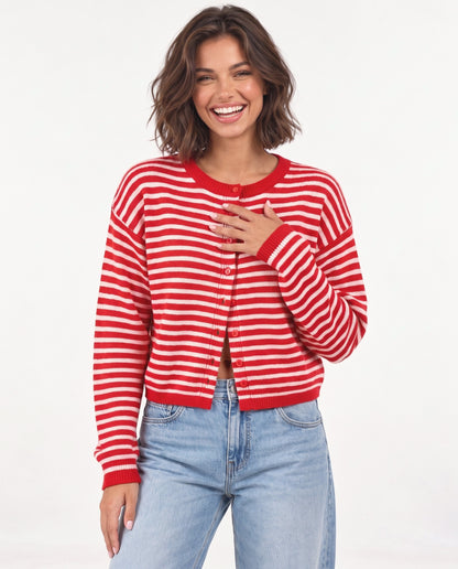 Almondine Stripe Cardigan in Red – hands on hips | SKU: SOR-ALM-RED-XS,SOR-ALM-RED-S,SOR-ALM-RED-M,SOR-ALM-RED-L,SOR-ALM-RED-XL