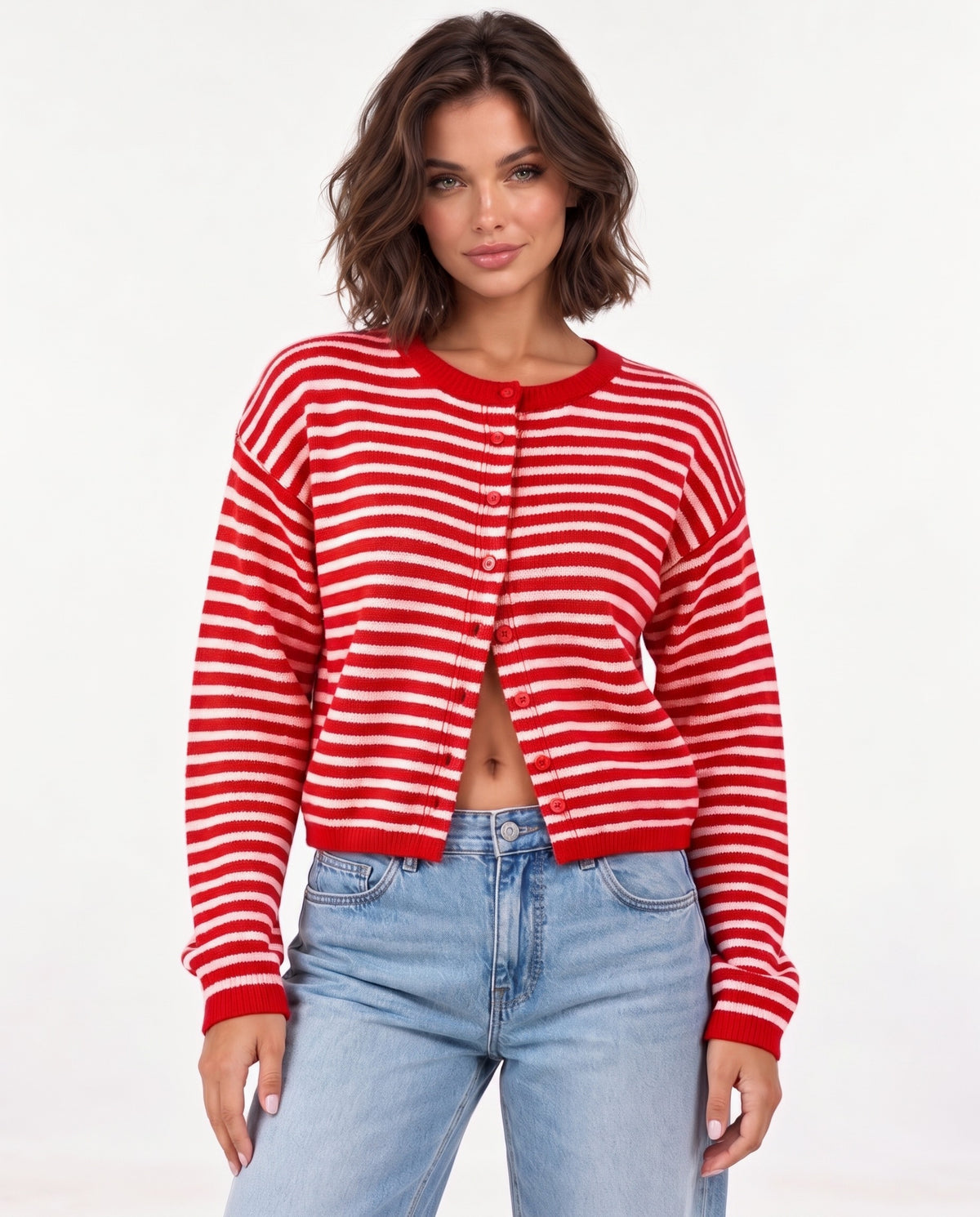 Almondine Stripe Cardigan in Red – over the shoulder | SKU: SOR-ALM-RED-XS,SOR-ALM-RED-S,SOR-ALM-RED-M,SOR-ALM-RED-L,SOR-ALM-RED-XL