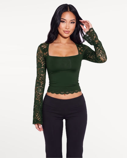 Amara Lace Top in Green – front view