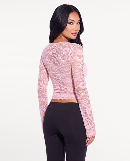 Amara Lace Top in Pink – back view | SKU: SOR-AMARA-PNK-XS,SOR-AMARA-PNK-S,SOR-AMARA-PNK-M,SOR-AMARA-PNK-L,SOR-AMARA-PNK-XL