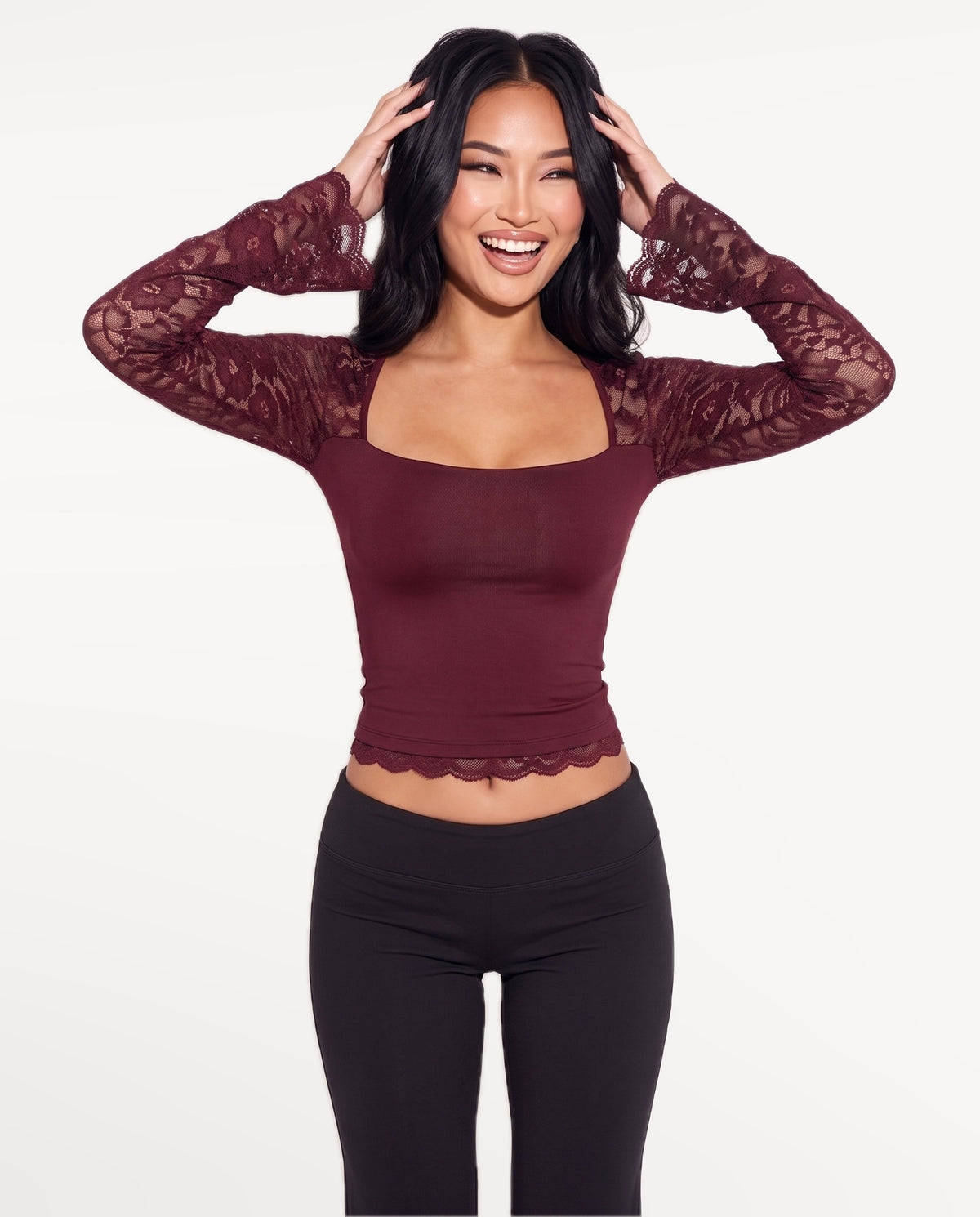 Amara Lace Top in Claret – emotional pose | SKU: SOR-AMARA-BUR-XS,SOR-AMARA-BUR-S,SOR-AMARA-BUR-M,SOR-AMARA-BUR-L,SOR-AMARA-BUR-XL
