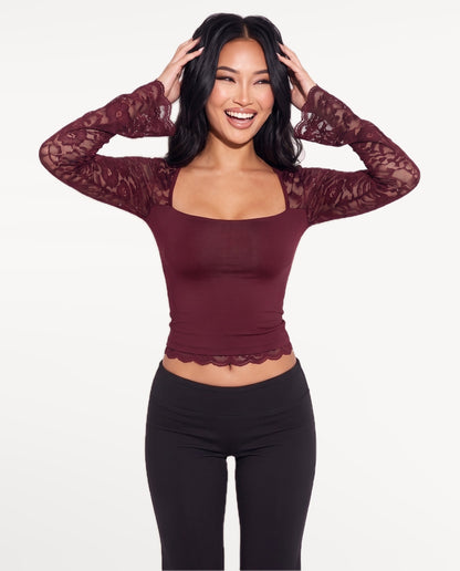 Amara Lace Top in Claret – emotional pose | SKU: SOR-AMARA-BUR-XS,SOR-AMARA-BUR-S,SOR-AMARA-BUR-M,SOR-AMARA-BUR-L,SOR-AMARA-BUR-XL