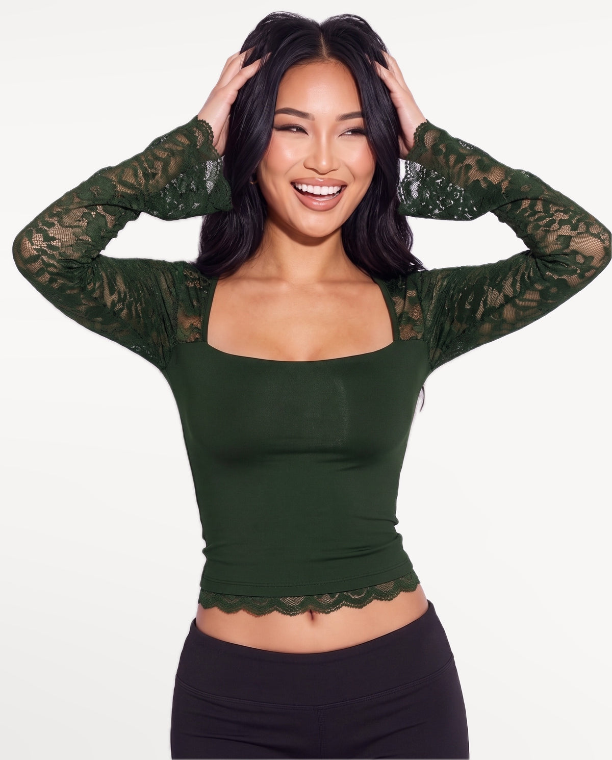 Amara Lace Top in Green – emotional pose | SKU: SOR-AMARA-GRN-XS,SOR-AMARA-GRN-S,SOR-AMARA-GRN-M,SOR-AMARA-GRN-L,SOR-AMARA-GRN-XL