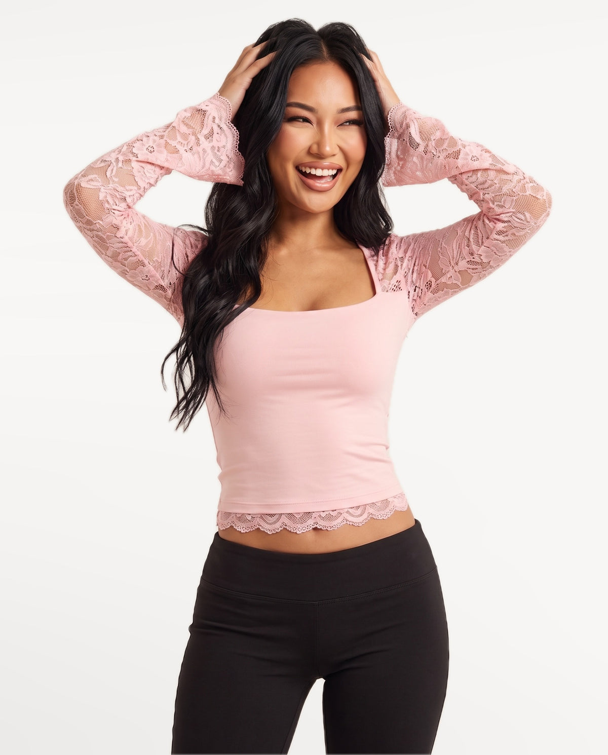 Amara Lace Top in Pink – emotional pose | SKU: SOR-AMARA-PNK-XS,SOR-AMARA-PNK-S,SOR-AMARA-PNK-M,SOR-AMARA-PNK-L,SOR-AMARA-PNK-XL