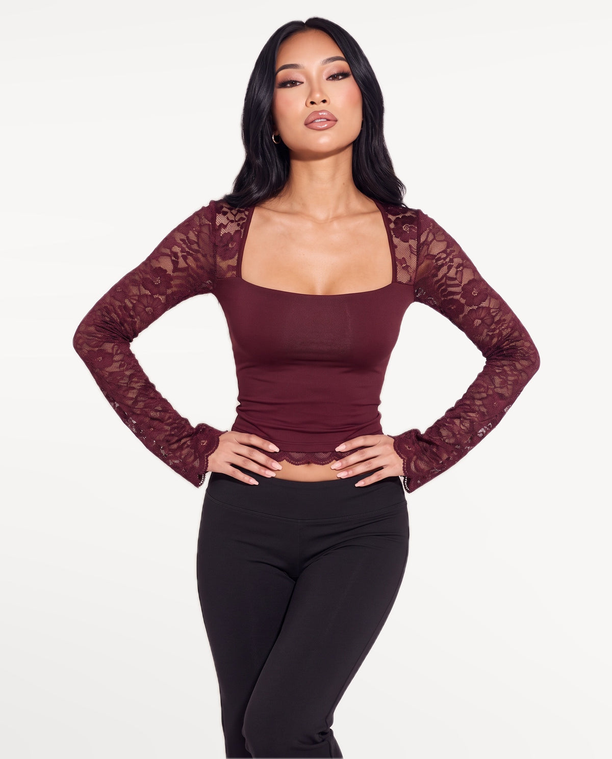Amara Lace Top in Claret – emotional pose | SKU: SOR-AMARA-BUR-XS,SOR-AMARA-BUR-S,SOR-AMARA-BUR-M,SOR-AMARA-BUR-L,SOR-AMARA-BUR-XL