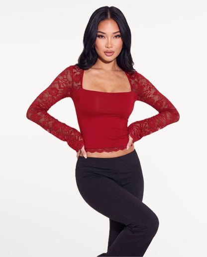 Amara Lace Top in Red – emotional pose | SKU: SOR-AMARA-RED-XS,SOR-AMARA-RED-S,SOR-AMARA-RED-M,SOR-AMARA-RED-L,SOR-AMARA-RED-XL