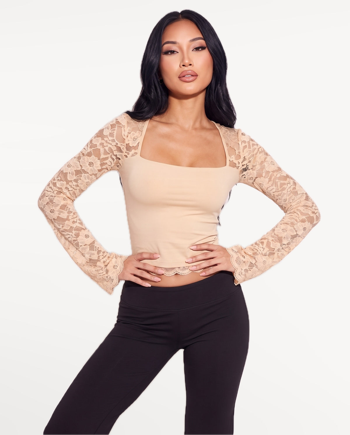 Amara Lace Top in Apricot – emotional pose | SKU: SOR-AMARA-APR-XS,SOR-AMARA-APR-S,SOR-AMARA-APR-M,SOR-AMARA-APR-L,SOR-AMARA-APR-XL