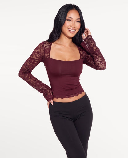 Amara Lace Top in Claret – emotional pose | SKU: SOR-AMARA-BUR-XS,SOR-AMARA-BUR-S,SOR-AMARA-BUR-M,SOR-AMARA-BUR-L,SOR-AMARA-BUR-XL