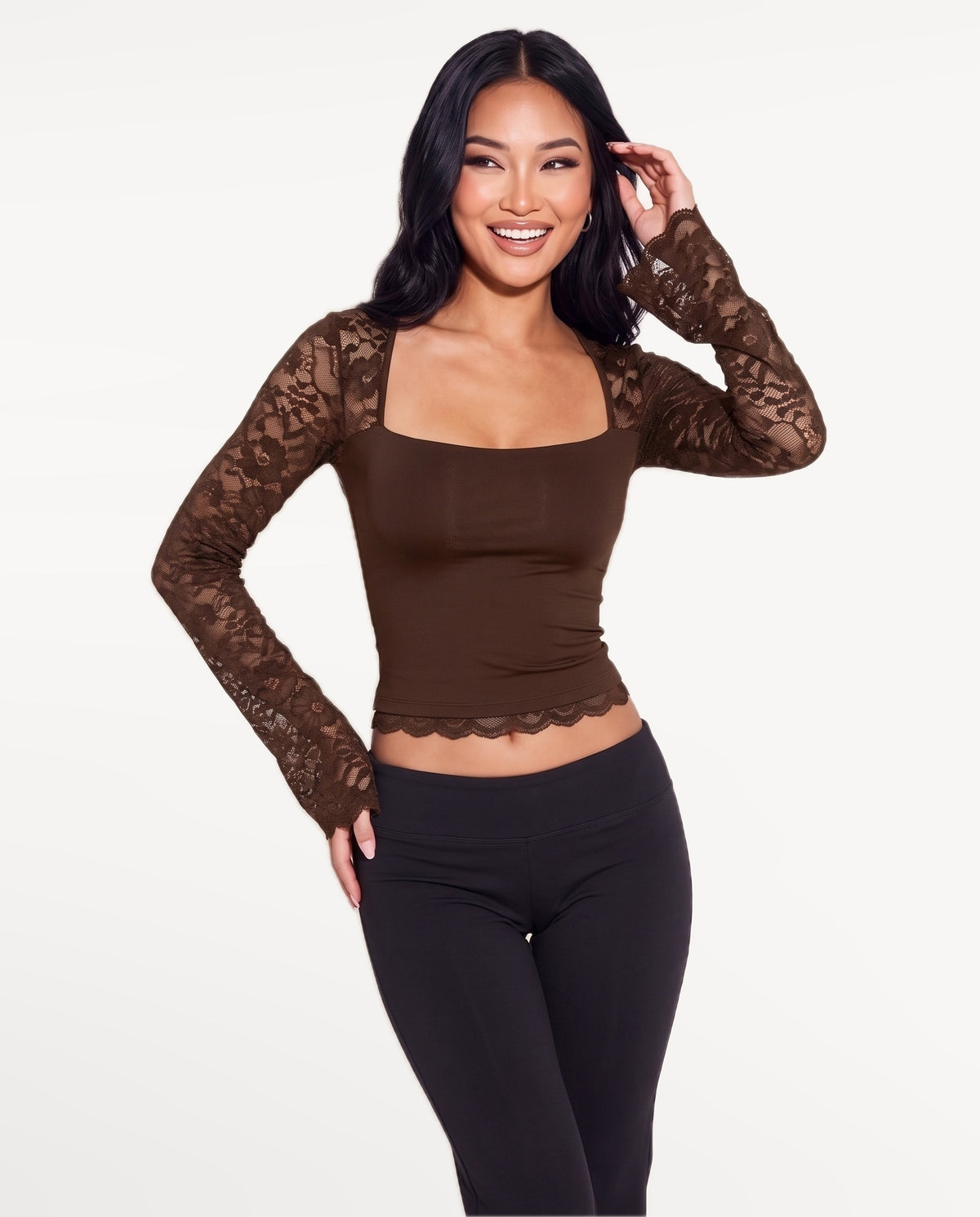 Amara Lace Top in Brown – emotional pose | SKU: SOR-AMARA-BRN-XS,SOR-AMARA-BRN-S,SOR-AMARA-BRN-M,SOR-AMARA-BRN-L,SOR-AMARA-BRN-XL
