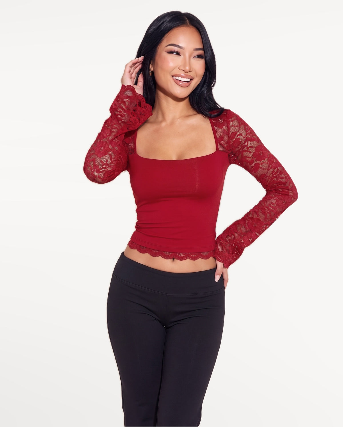 Amara Lace Top in Red – emotional pose | SKU: SOR-AMARA-RED-XS,SOR-AMARA-RED-S,SOR-AMARA-RED-M,SOR-AMARA-RED-L,SOR-AMARA-RED-XL