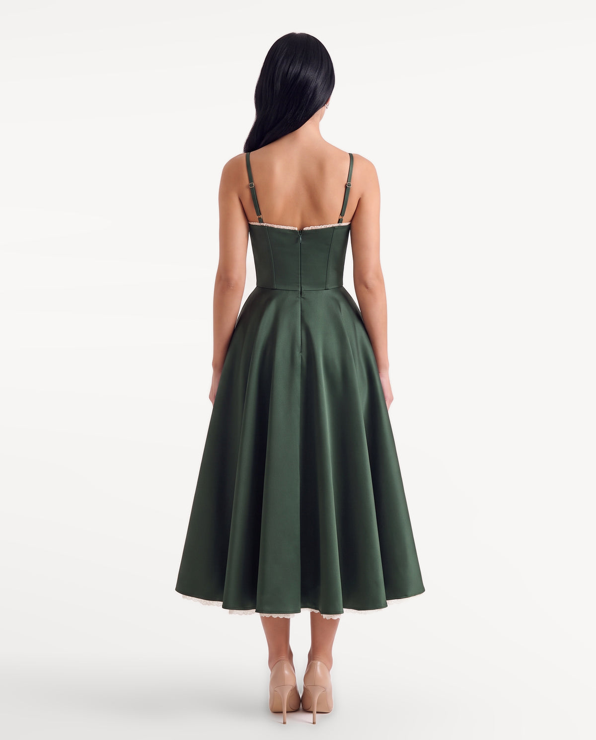 Arielle Midi Dress in green — back | SKU: SOR-ARIELLE-GRN-XS,SOR-ARIELLE-GRN-S,SOR-ARIELLE-GRN-M,SOR-ARIELLE-GRN-L,SOR-ARIELLE-GRN-XL