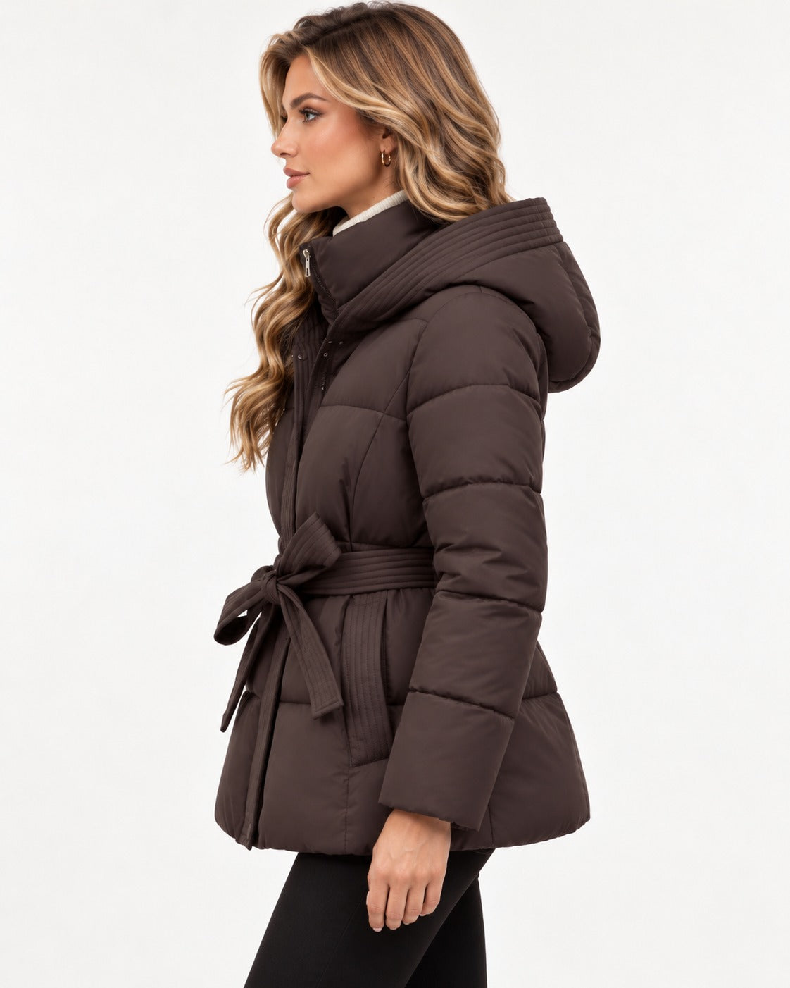 Brielle Puffer in Coffee – left side view | SKU: SOR-BRI-COFFEE-XS,SOR-BRI-COFFEE-S,SOR-BRI-COFFEE-M,SOR-BRI-COFFEE-L,SOR-BRI-COFFEE-XL