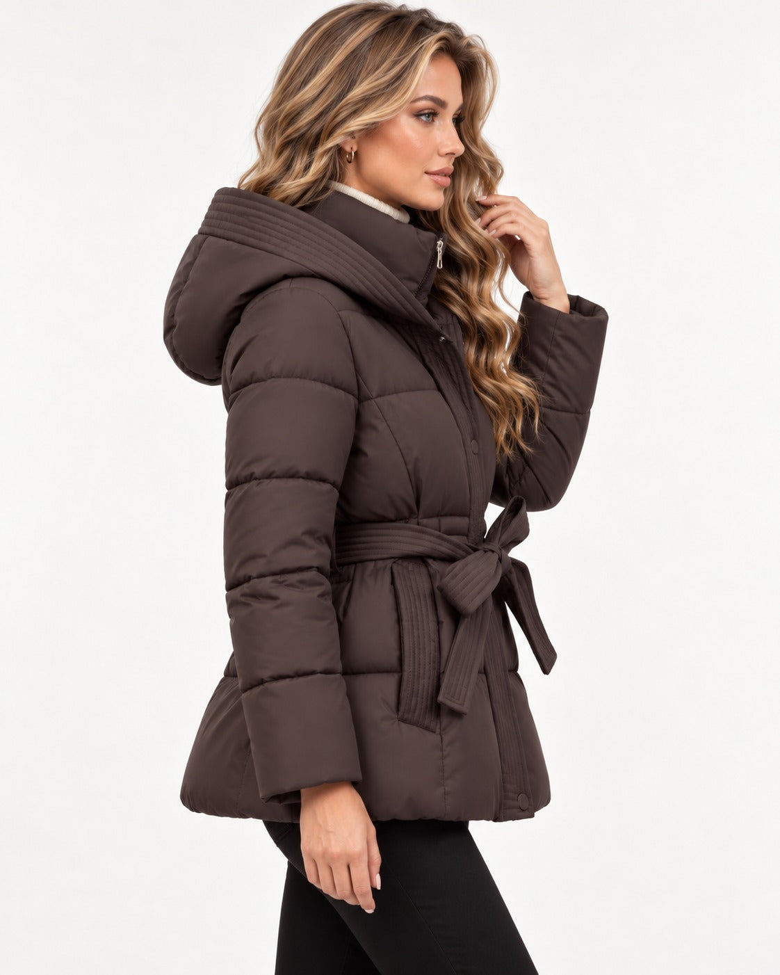 Brielle Puffer in Coffee – right side view | SKU: SOR-BRI-COFFEE-XS,SOR-BRI-COFFEE-S,SOR-BRI-COFFEE-M,SOR-BRI-COFFEE-L,SOR-BRI-COFFEE-XL