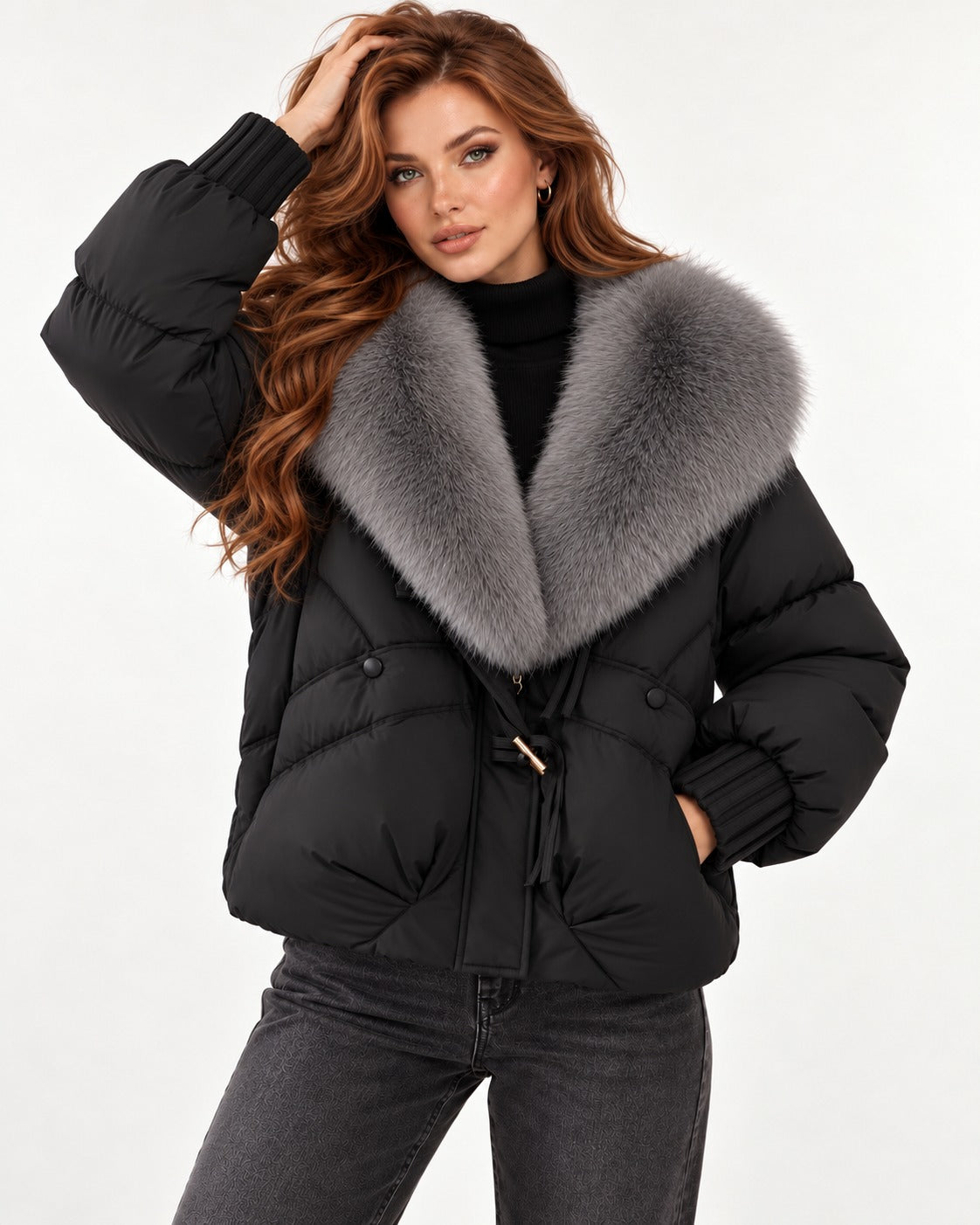 Celine Puffer in Black – hand in hair | SKU: SOR-CEL-BLACK-XS,SOR-CEL-BLACK-S,SOR-CEL-BLACK-M,SOR-CEL-BLACK-L,SOR-CEL-BLACK-XL